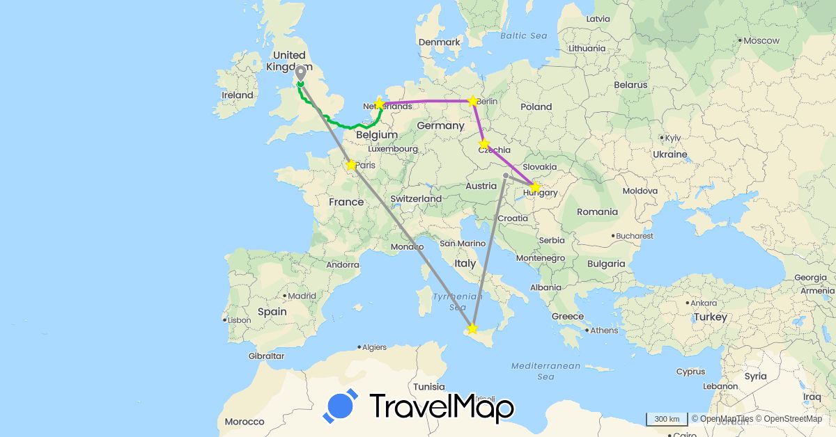 TravelMap itinerary: driving, bus, plane, train in Austria, Czech Republic, Germany, France, United Kingdom, Hungary, Italy, Netherlands (Europe)